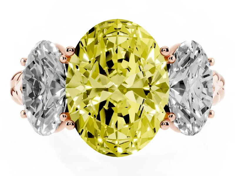 Fancy Yellow Oval Cut Diamond Three-Stone Ring Set in Rose gold with Braided Band