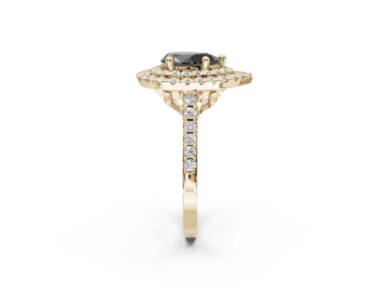 Fancy Black Pear-Shaped Lab-Grown Diamond Double Halo Statement Ring Set in Yellow Gold with Pavé Band