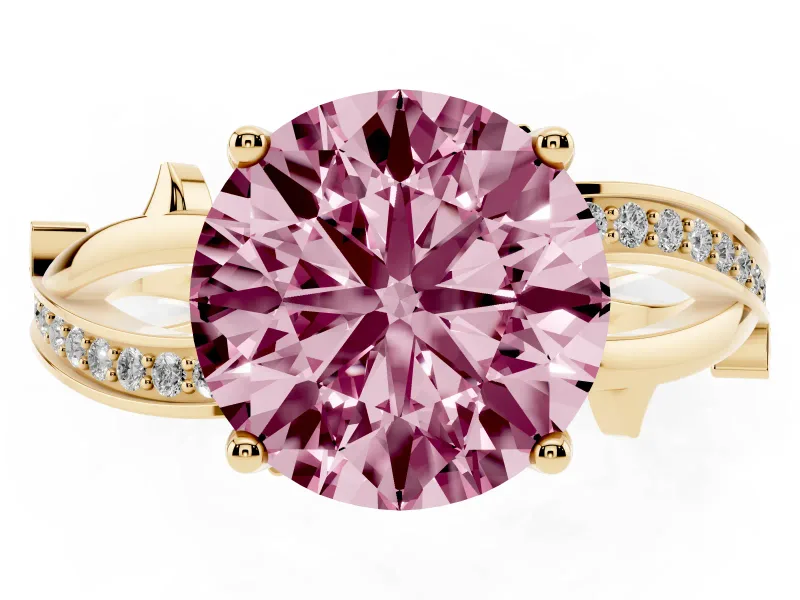 Fancy Pink Round Cut Diamond Pavé Twist Band Solitaire Ring Set in Yellow gold with Prong Setting