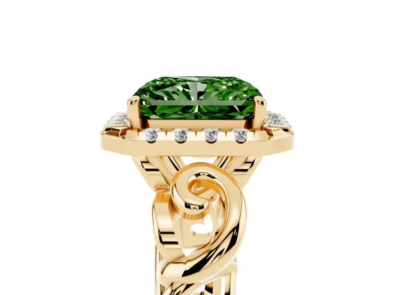 Radiant Cut Filigree Halo Engagement Ring Setting for a Fancy Green Lab-Grown Diamond | Yellow Gold