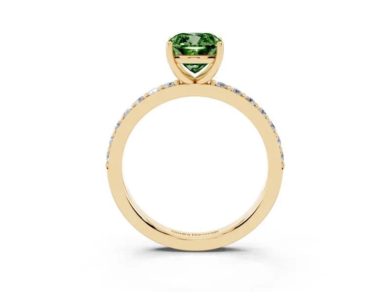 Fancy Green Cushion Cut Diamond Solitaire Set in Yellow gold with Round Pavé Band and Prong Setting