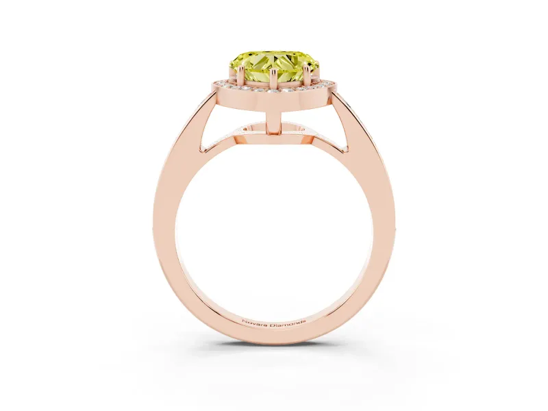 Fancy Yellow Heart Cut Diamond Halo Pavé Engagement Ring Set in Rose gold with Bezel Setting