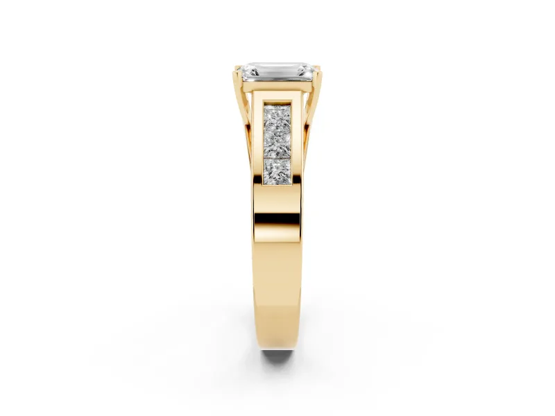 Emerald Cut Channel-Set Engagement Ring Setting | Princess Side Stones | Yellow Gold