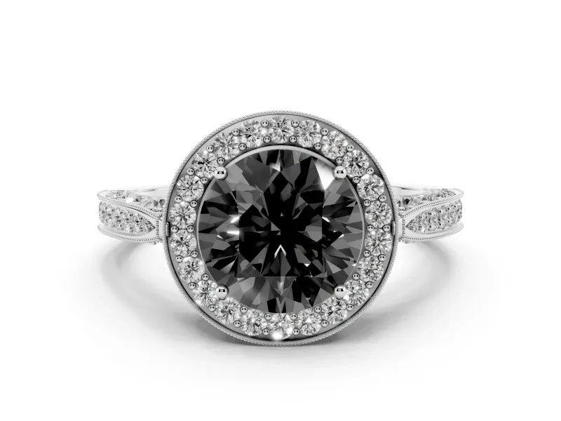 Fancy Black Round Cut Diamond Halo Engagement Ring Set in White gold with Accent Split Shank Band