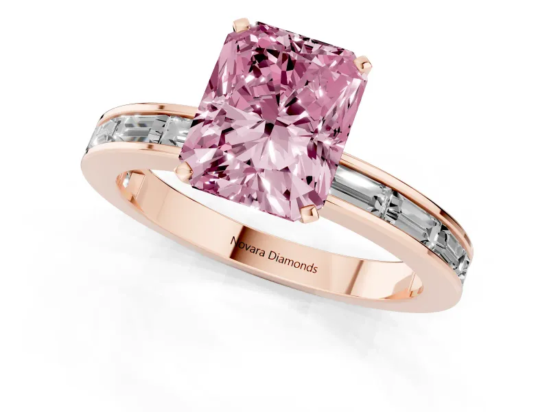 Fancy Pink Radiant Cut Diamond Solitaire Ring Set in Rose gold with Channel-Set Baguette Band and Prong Setting