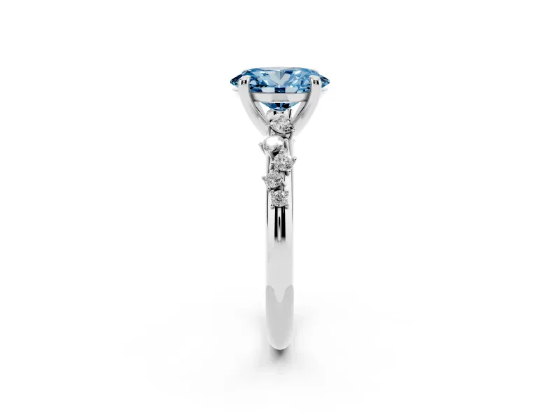 Fancy Blue Oval Cut Diamond Solitaire Vine Band Ring Set in Silver with Round Accents and Prong Setting