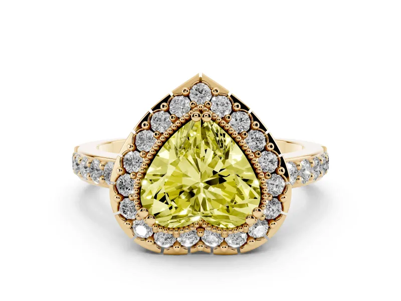 Fancy Yellow Heart Cut Diamond Halo Ring Set in Yellow gold with Pavé Shank and Prong Setting