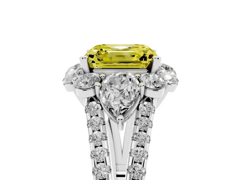 Fancy Yellow Asscher Cut Diamond Halo Split Shank Engagement Ring Set in White gold with Prong-Held Center Stone