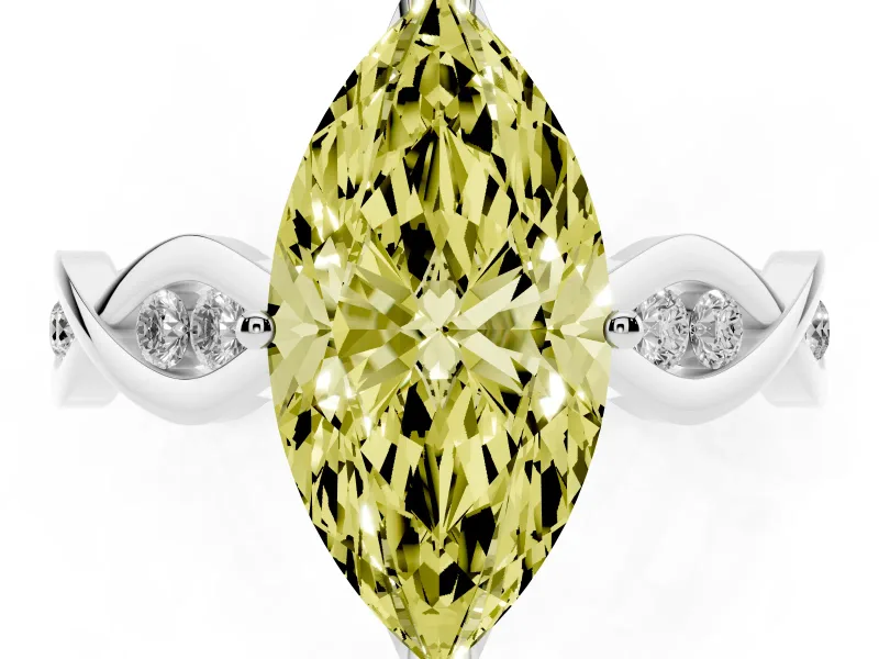 Fancy Yellow Marquise Cut Diamond Twist Band Solitaire Ring Set in Silver with Leaf Prong Setting and Accent Stones