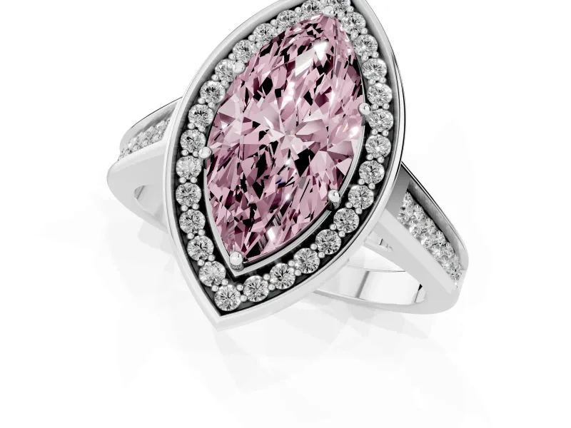 Fancy Pink Marquise Cut Diamond Halo Solitaire Ring Set in Silver with Pavé Band and Bezel Setting