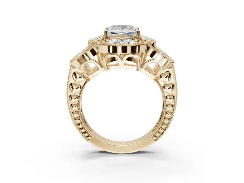Princess Cut Vintage Floral Halo Engagement Ring Setting | Engraved Milgrain Band | Yellow Gold