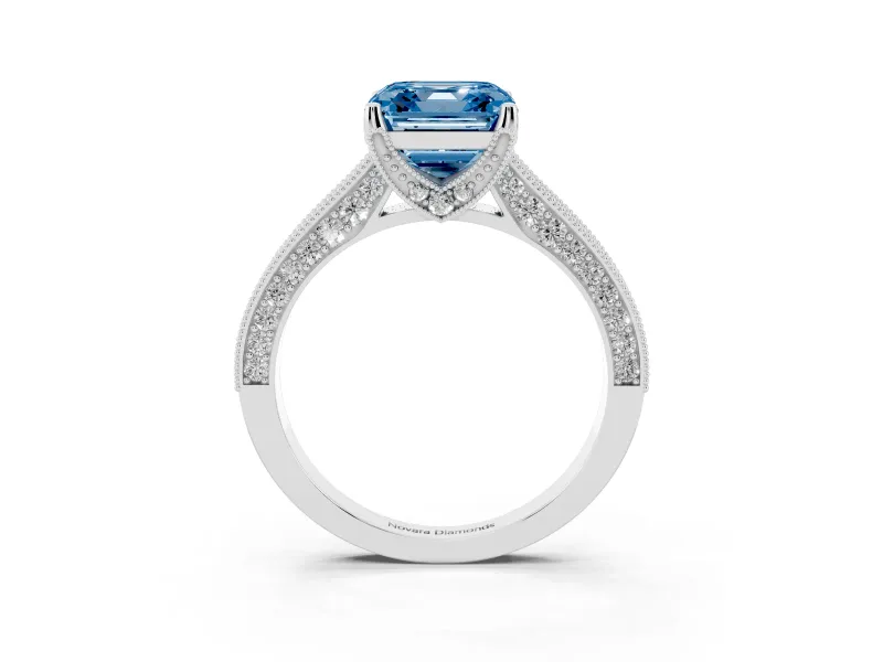Asscher Cut Hidden Halo Engagement Ring Setting for a Fancy Blue Lab-Grown Diamond | Milgrain Pave | Platinum