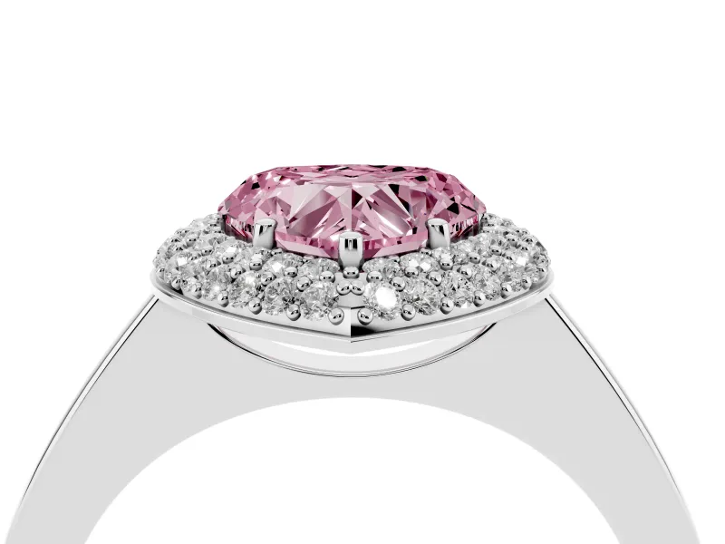 Fancy Pink Heart Cut Diamond Halo Engagement Ring Set in White gold with Solitaire Band and Prong Setting