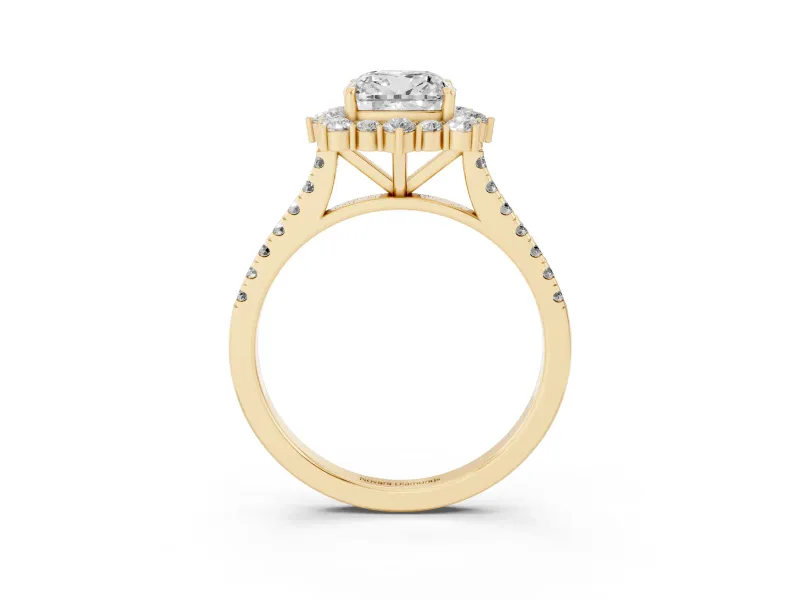 Cushion Cut Scalloped Halo Engagement Ring Setting | Single Row Pave | Yellow Gold