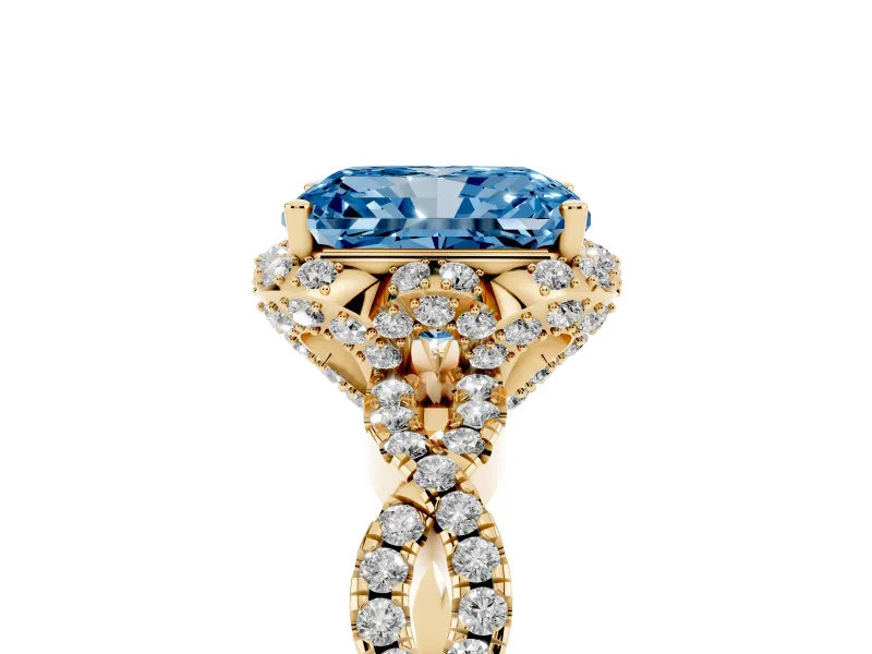 Radiant Cut Milgrain Halo Engagement Ring Setting for a Fancy Blue Lab-Grown Diamond | Graduated Shoulders | Yellow Gold