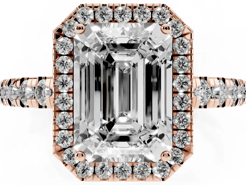 Emerald Cut Halo Engagement Ring Setting | Graduated Pavé Band | Rose Gold