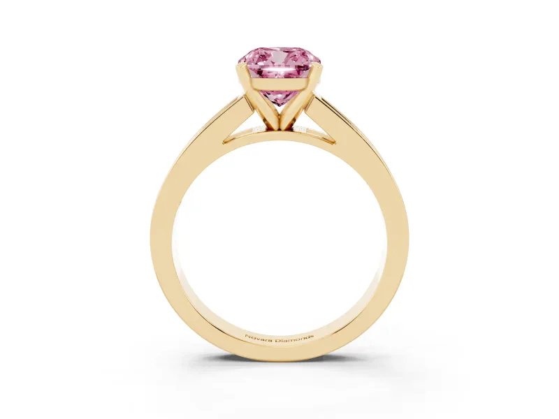 Fancy Pink Cushion Cut Diamond Solitaire Ring Set in Yellow gold with Channel-Set Band and Prong Setting