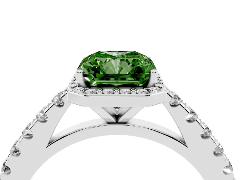 Fancy Green Radiant Cut Diamond Halo Engagement Ring Set in Silver with Pavé Band and Prong Setting