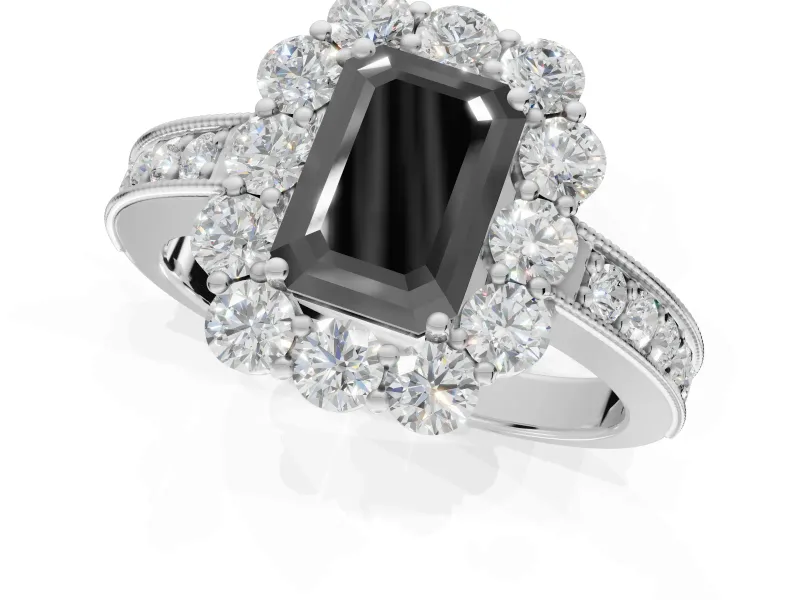 Emerald Cut Vintage Halo Engagement Ring Setting for a Black Center | White Gold