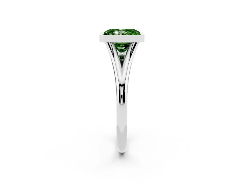 Fancy Green Bezel Set Radiant Cut Diamond Solitaire Ring Set in Silver with Tapered Band