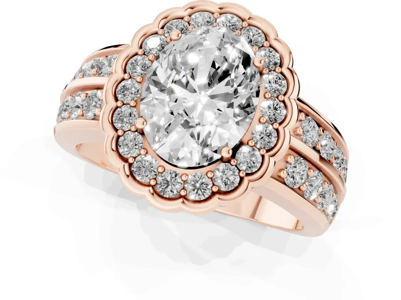 Oval Scalloped Halo Engagement Ring Setting | Double Row Band | Rose Gold