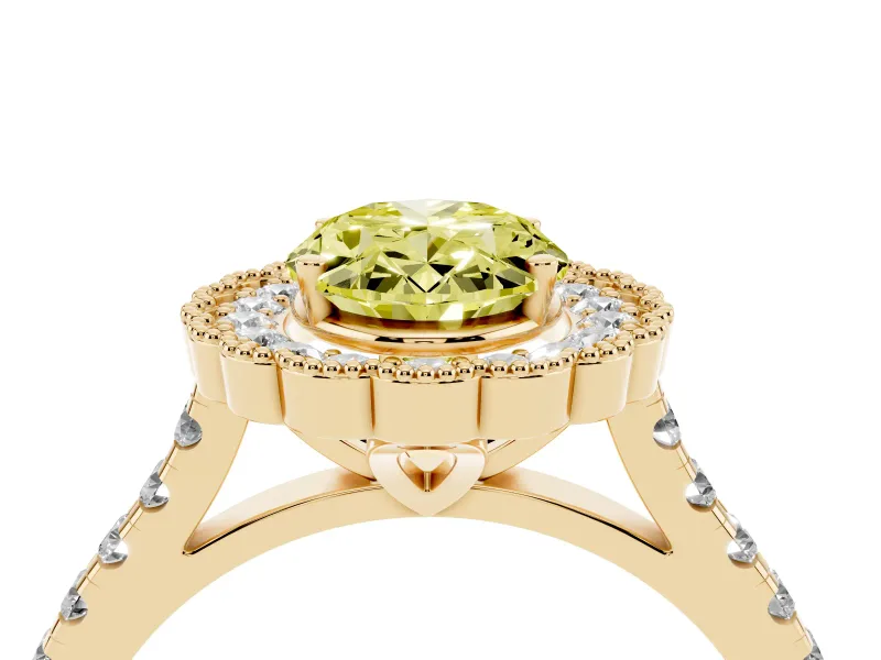 Fancy Yellow Oval Cut Diamond Milgrain Floral Halo Engagement Ring Set in Yellow gold with Pavé Band