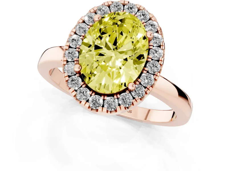 Fancy Yellow Oval Cut Diamond Halo Solitaire Ring Set in Rose gold with Pavé Band and Prong Setting