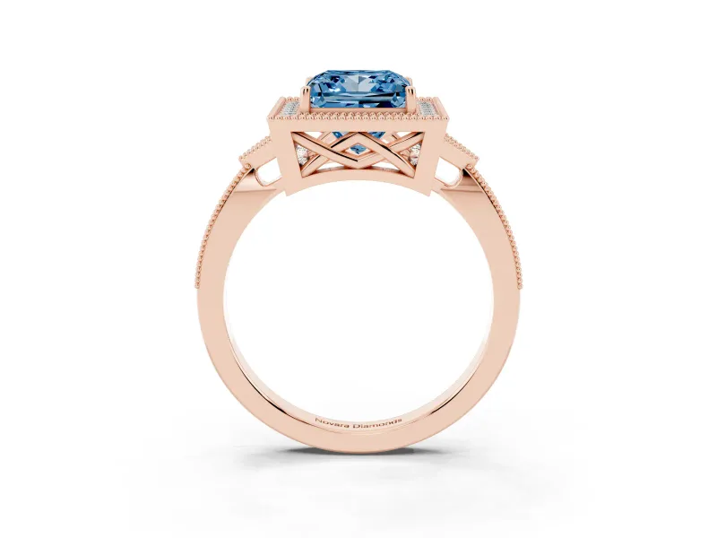 Fancy Blue Princess Cut Diamond Halo Engagement Ring Set in Rose gold with Milgrain Pavé Band