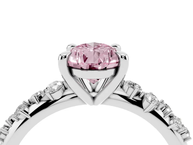 Fancy Pink Pear Cut Diamond Solitaire Vine Band Ring Set in White gold with Round Accents and Prong Setting