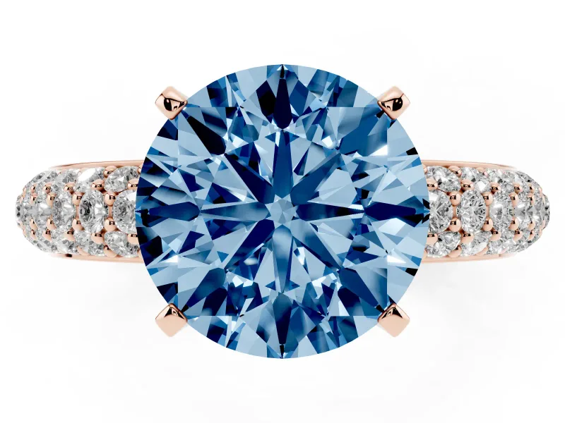 Fancy Blue Round Cut Diamond Solitaire Ring Set in Rose gold with Prong Setting and Pavé-Set Band