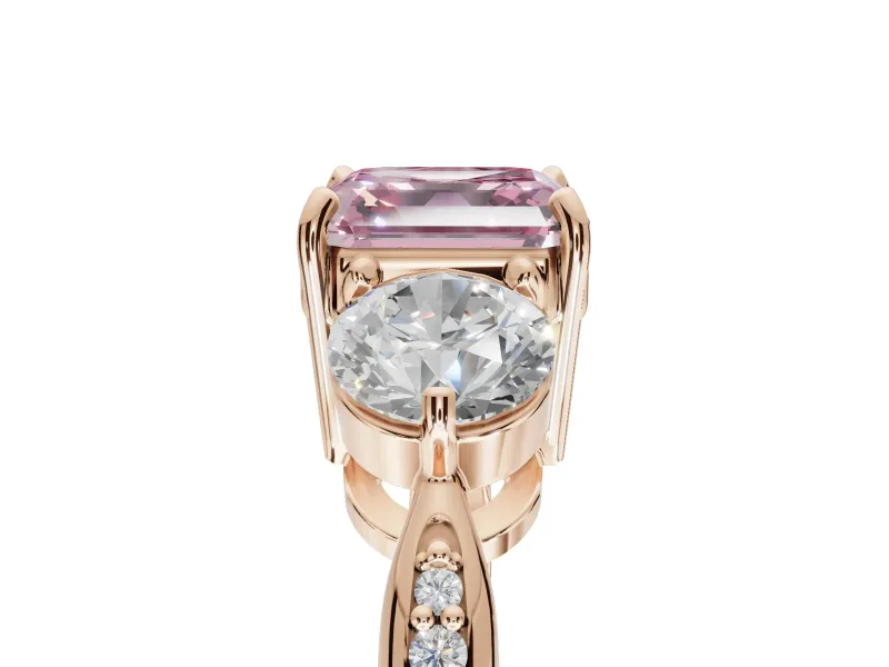 Asscher Cut Three Stone Engagement Ring Setting for a Fancy Pink Lab-Grown Diamond | Tapered Pave Band | Rose Gold
