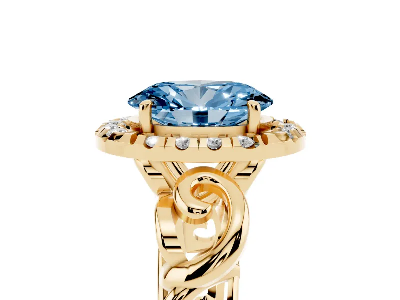 Fancy Blue Oval Cut Diamond Halo Ring Set in Yellow gold with Scrollwork Band and Prong Setting