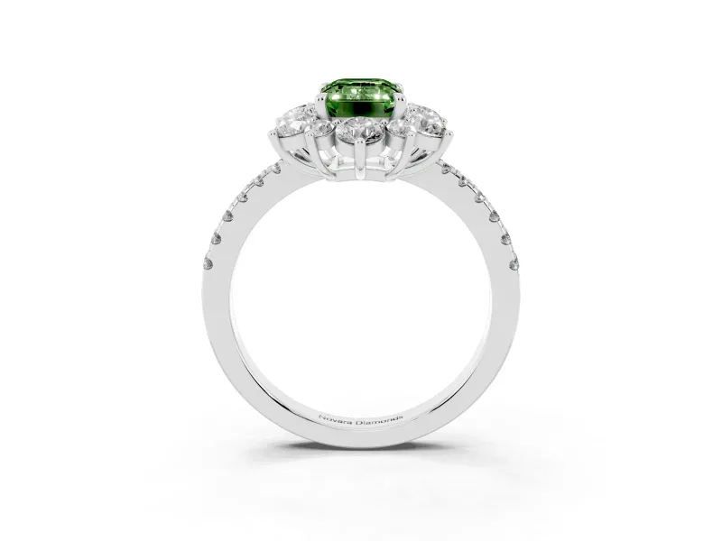Fancy Green Emerald Cut Diamond Floral Halo Ring Set in Silver with Round Pavé Band and Prong Setting
