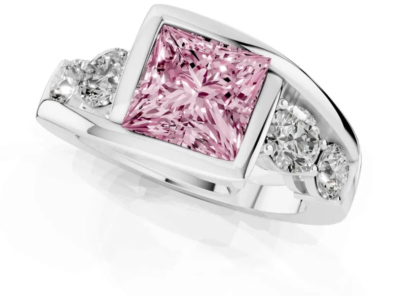 Fancy Pink Princess Cut Diamond Bezel Bypass Ring Set in Platinum with Round Accents