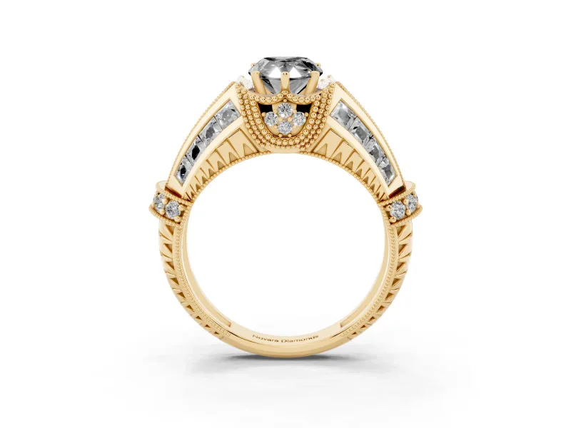 Fancy Black Pear Cut Diamond Vintage-Inspired Milgrain Ring Set in Yellow gold with Accent Split Shank