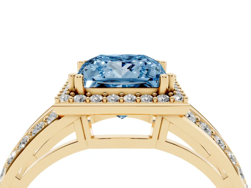 Princess Cut Halo Engagement Ring Setting for a Fancy Blue Lab-Grown Diamond | Two-Row Pave Split Shank | Yellow Gold