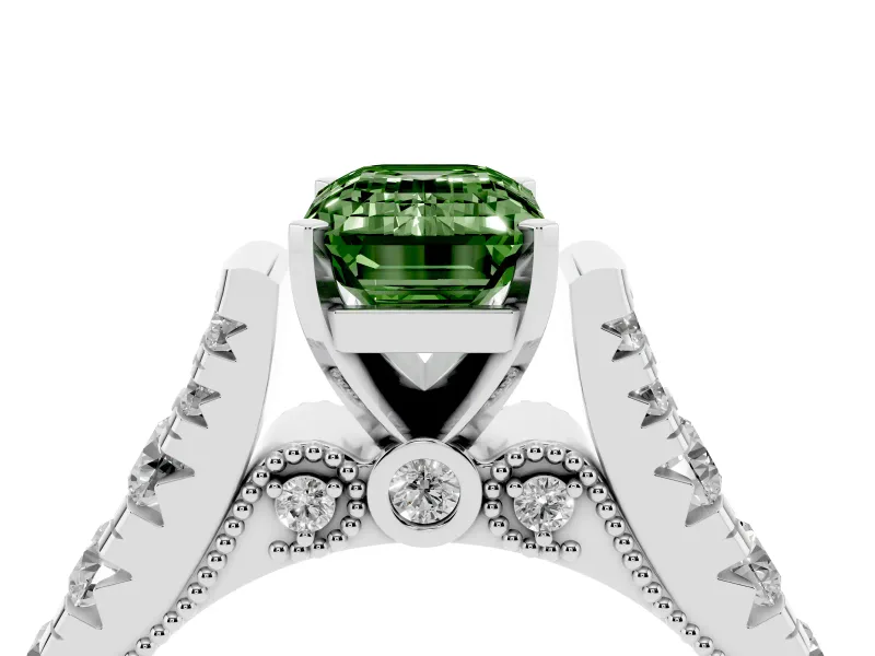 Fancy Green Emerald Cut Diamond Classic Solitaire Ring Set in Platinum with Pavé Band and Prong Setting