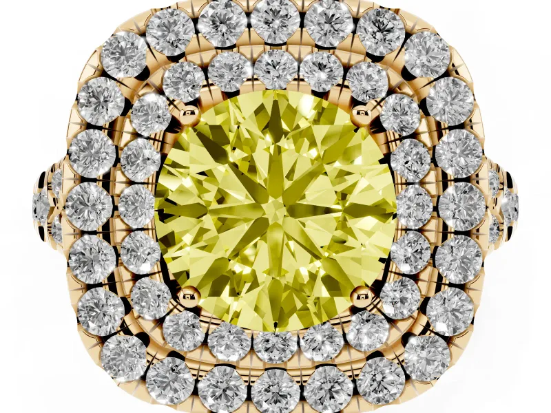 Round Halo Split Shank Engagement Ring Setting for a Fancy Yellow Lab-Grown Diamond | Pavé Strands | Yellow Gold