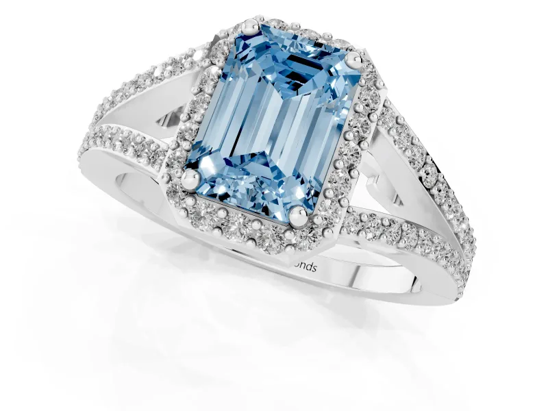 Emerald Cut Halo Engagement Ring Setting for a Fancy Blue Lab-Grown Diamond | V-Split Pavé Band | Sterling Silver