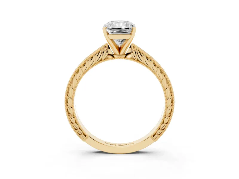 Radiant Cut Diamond Solitaire Milgrain Engraved Band Set in Yellow gold with Prong Setting