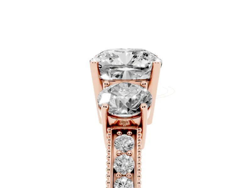 Cushion Cut Vintage Three Stone Engagement Ring Setting | Graduated Milgrain Pave | Rose Gold