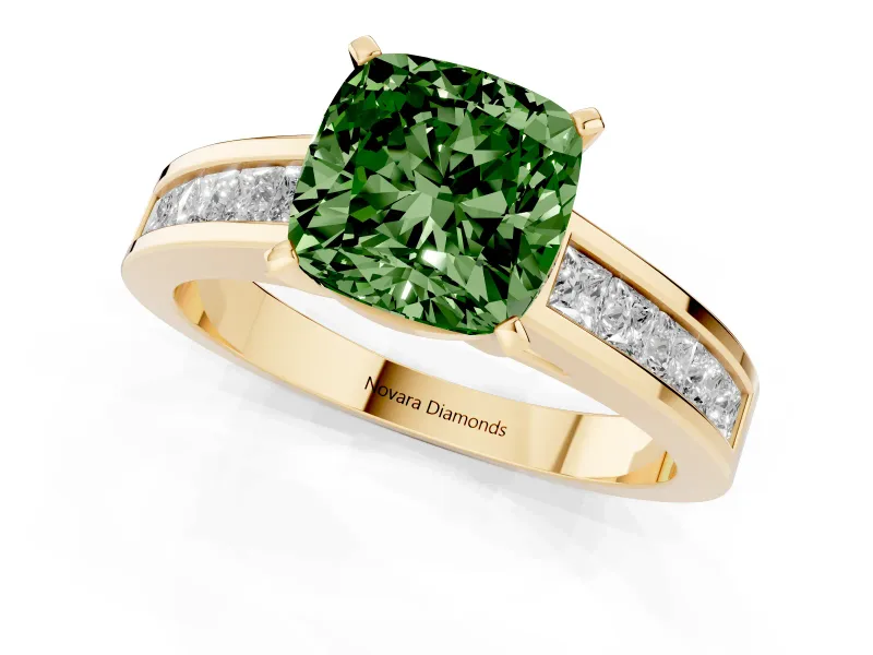 Fancy Green Cushion Cut Diamond Solitaire Ring Set in Yellow gold with Channel-Set Band and Prong Setting