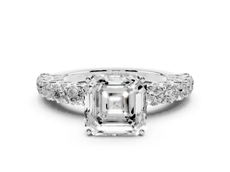 Asscher Cut Diamond Solitaire Ring Set in Platinum with Shared Prong Pavé Band