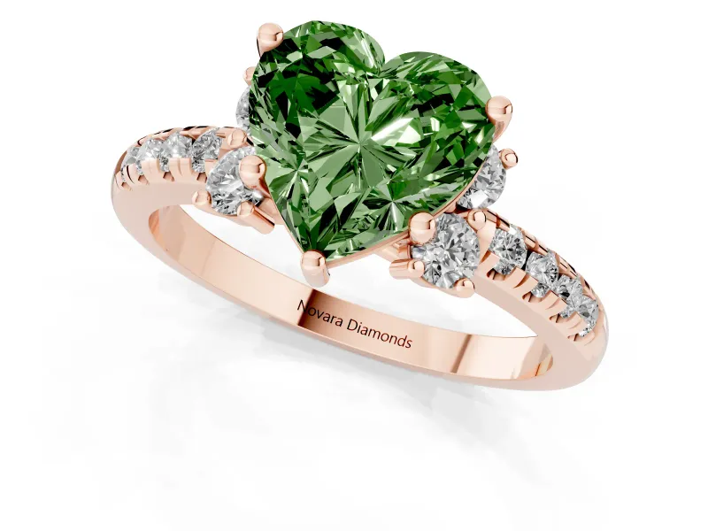 Heart-Shaped Side Stone Engagement Ring Setting for a Fancy Green Lab-Grown Diamond | Pave Band | Rose Gold