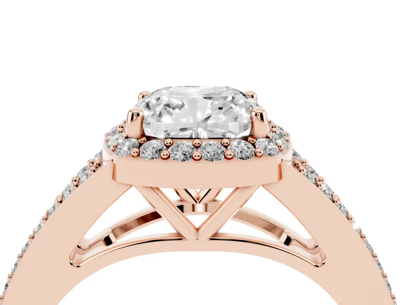 Cushion Cut Halo Engagement Ring Setting | V-Split Pavé Band | Rose Gold