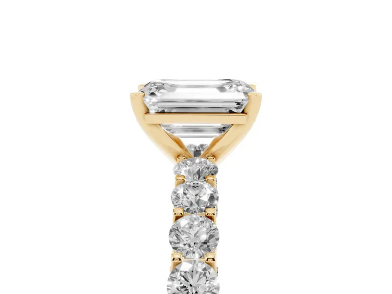 Emerald Cut Shared Prong Engagement Ring Setting | Two-Row Band | Yellow Gold