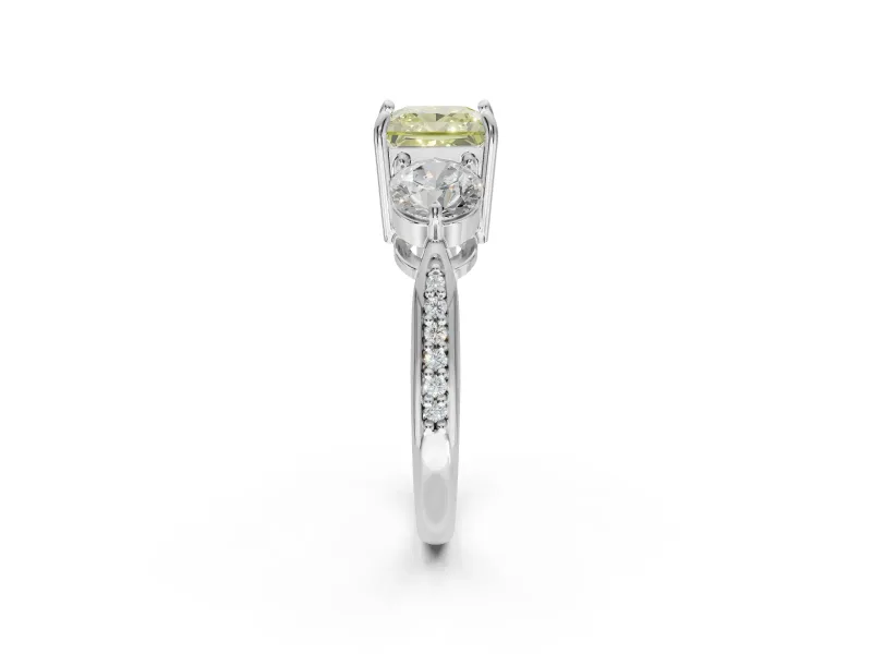 Princess Cut Three Stone Engagement Ring Setting for a Fancy Yellow Lab-Grown Diamond | Tapered Pave Band | Platinum