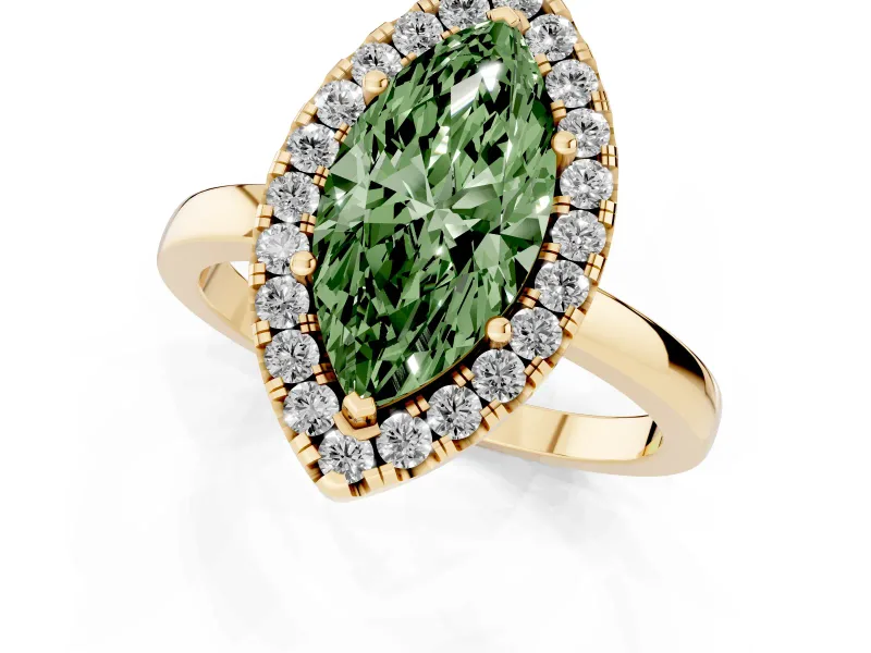 Fancy Green Marquise Cut Diamond Halo Solitaire Ring Set in Yellow gold with Pavé Band and Prong Setting