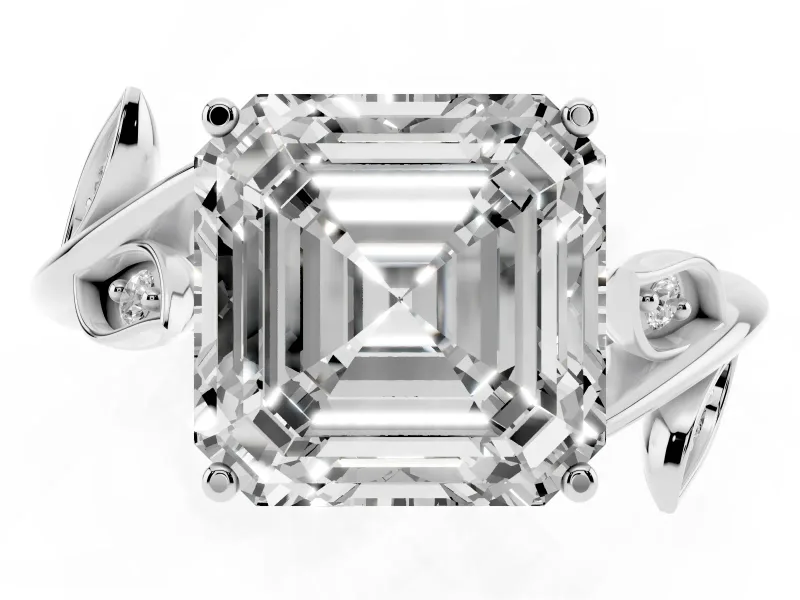 Asscher Cut Twisted Bypass Engagement Ring Setting | Accented Leaves | White Gold