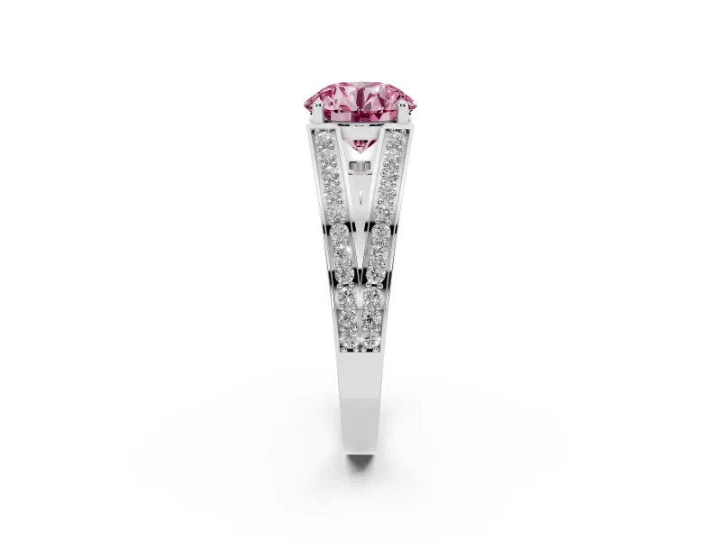 Fancy Pink Round Cut Diamond Split Shank Ring Set in Silver with Pavé Band and Prong Setting